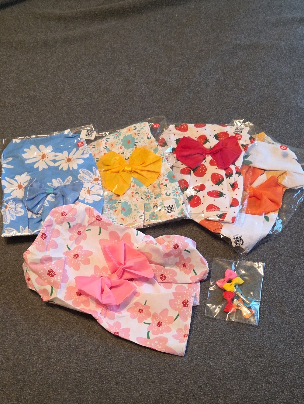 Floral & Fruit Set Of 5 Dog Dresses with Bows & Matching Bow Clips